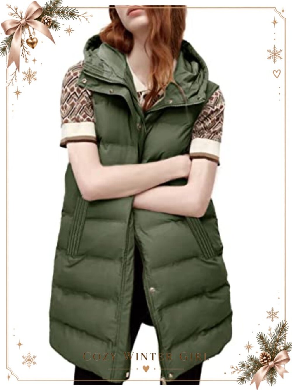 Long Puffer Vest Sleeveless Quilted Zip Hooded Winter Outerwear